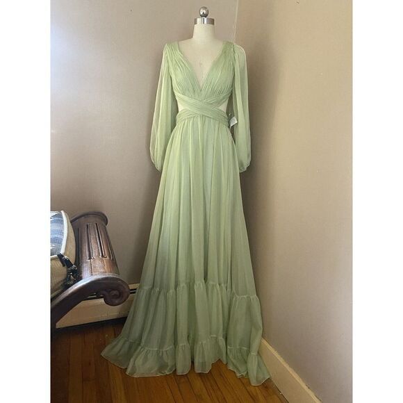 Mac Duggal Sz 8 Lace Up Chiffon Ruffle Tiered Goddess Gown Maxi Dress NWT $598 - Picture 2 of 15